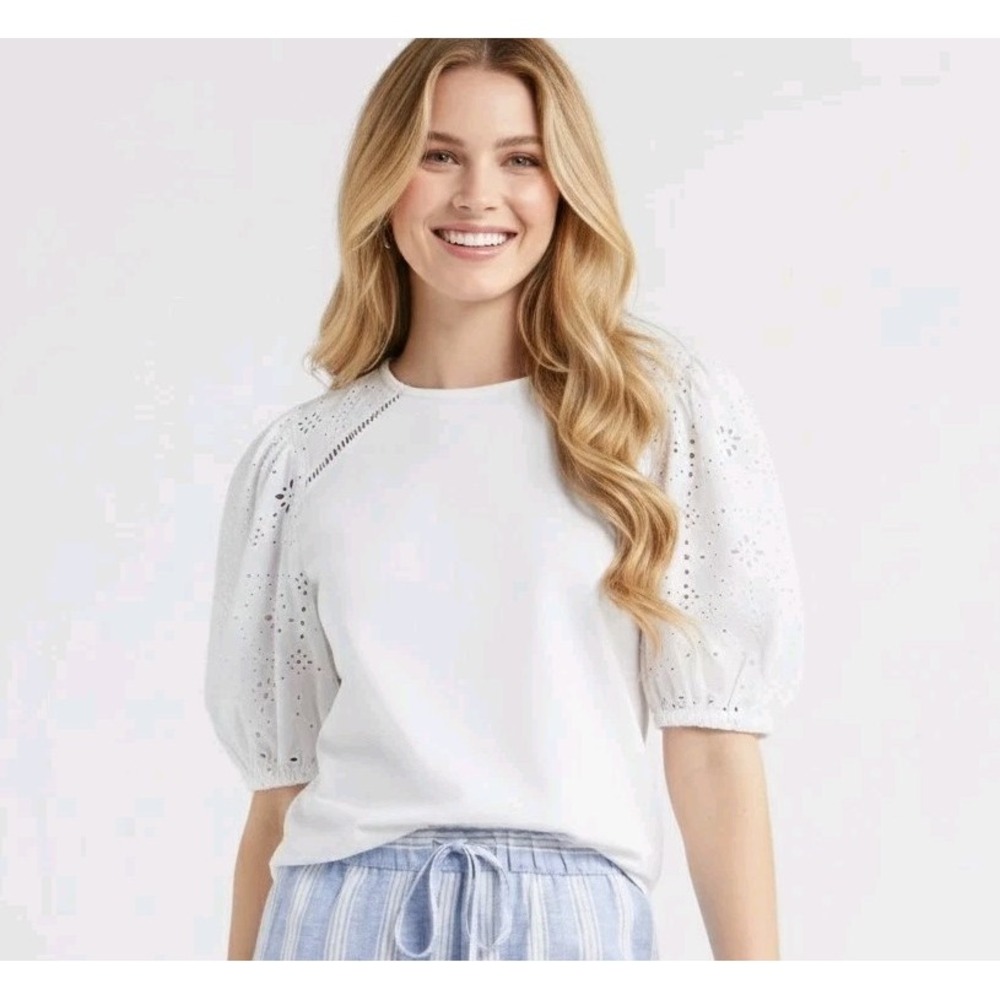 New Caslon Women's White Eyelet Embroidered Puff Sleeve Shirt Top Blouse XS NWT